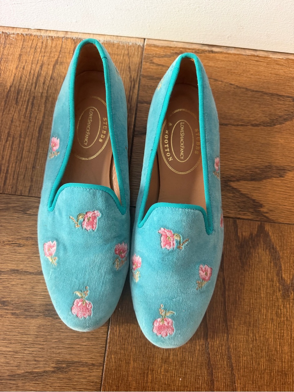 LoveShackFancy x Stubbs & Wooton Teal Velvet Floral Slip-On Loafers Size 9